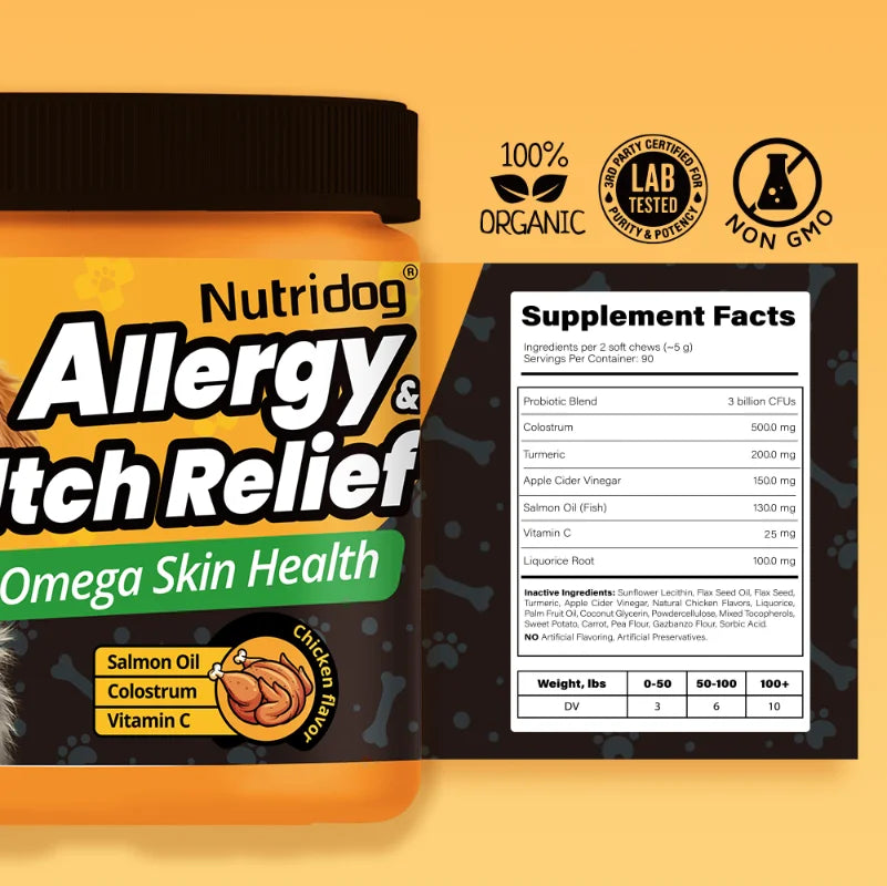 NUTRIDOG Dog Allergy Itch Relief Supplements With Omega-3 Vitamin C Support Skin Immune Health Supplement Nutrition 90 Chews