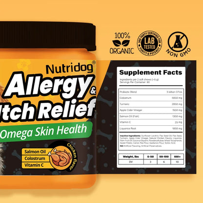 NUTRIDOG Dog Allergy Itch Relief Supplements With Omega-3 Vitamin C Support Skin Immune Health Supplement Nutrition 90 Chews